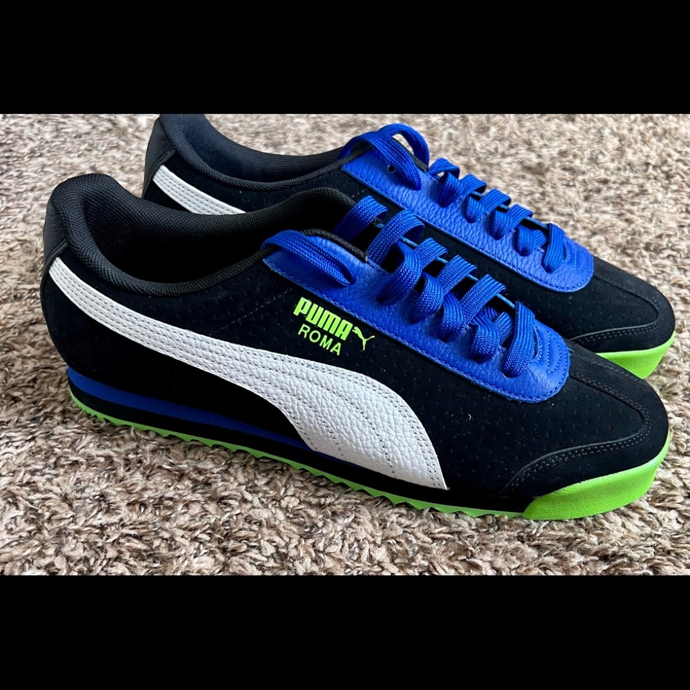 Puma Roma Perf XTG Shoes Black Blue White Green 370311-02 Mens Size 9.5
